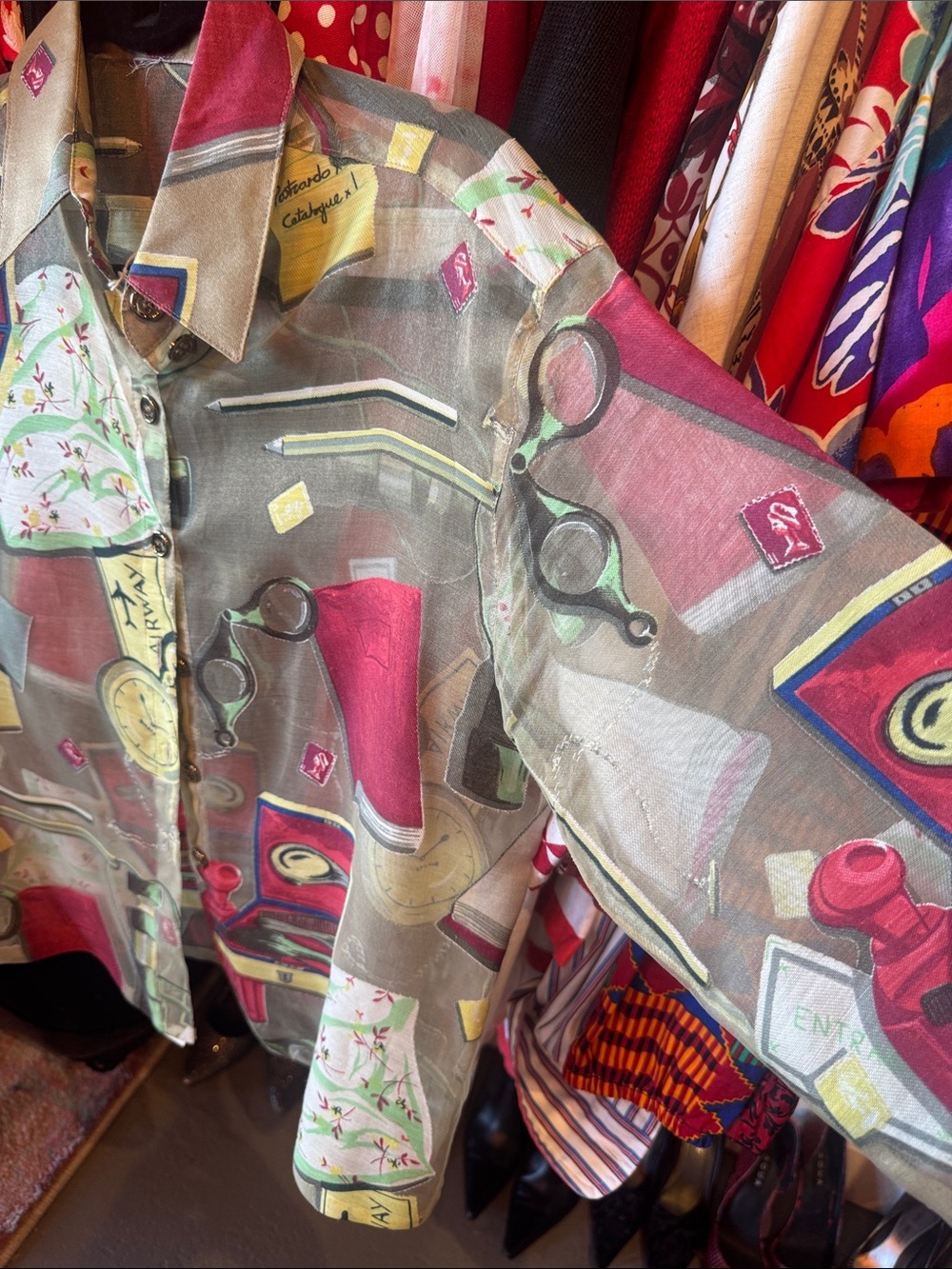 Vintage Novelty Traveler Print Sheer Button Front Blouse - Picture 4 of 6